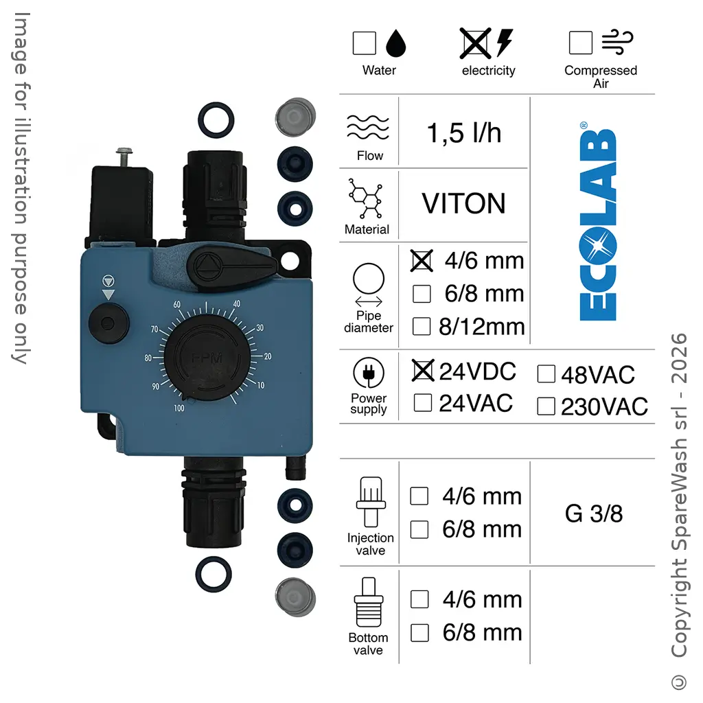 PNEUMATIC DOSING PUMP 1,5L/H 24VDC VITON + METERING VALVE 4/6 | Sparewash